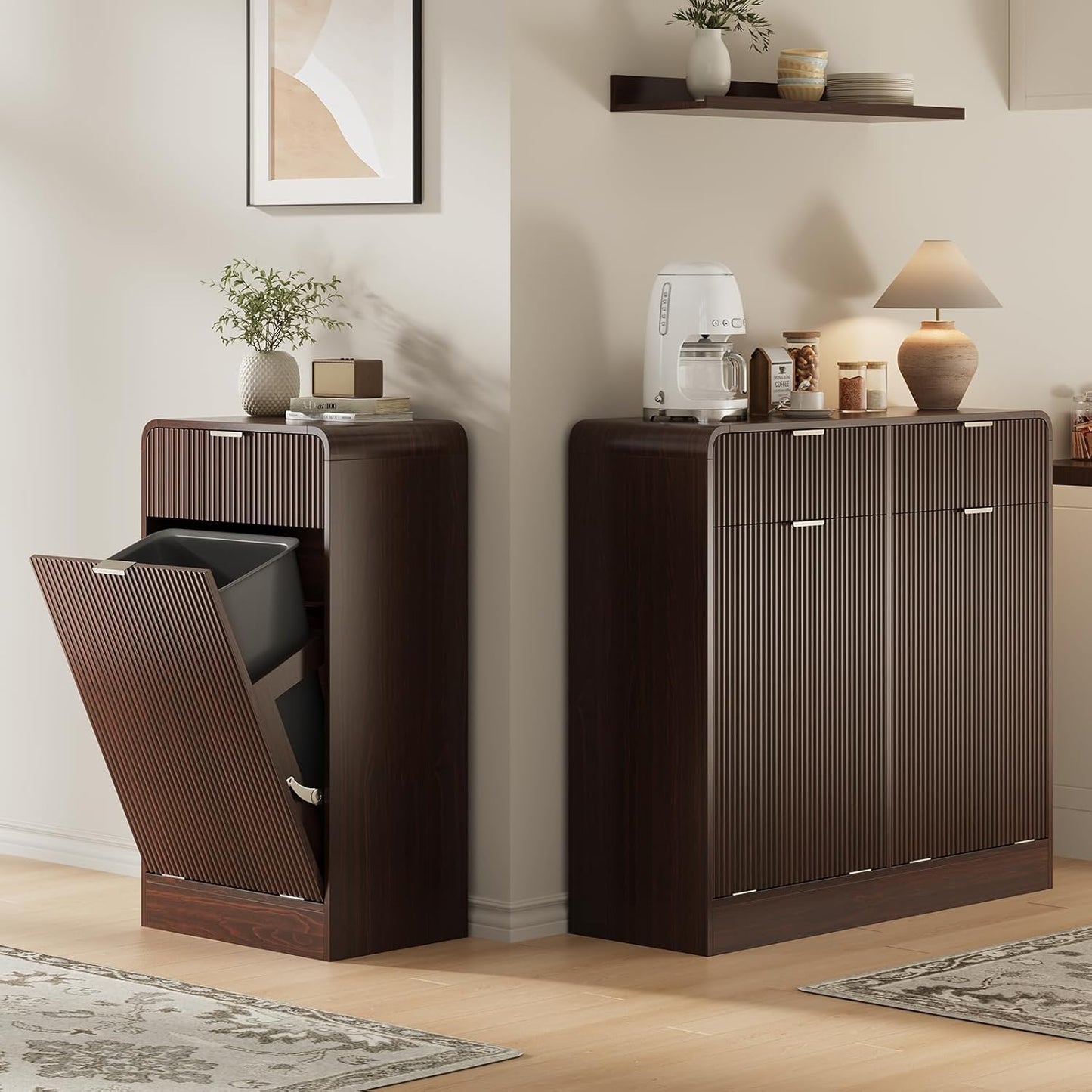 FURSUN 10 Gallons Tilt-Out Trash Can Cabinet, Fluted Laundry Hamper Cabinet with Drawers, Freestanding Pet Proof Hidden Garbage Recycling Cabinet for Kitchen, Living Room, Dark Walnut