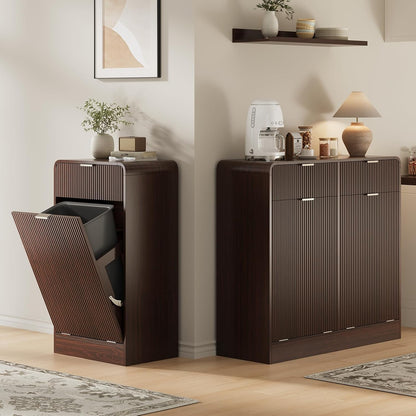 FURSUN 10 Gallons Tilt-Out Trash Can Cabinet, Fluted Laundry Hamper Cabinet with Drawers, Freestanding Pet Proof Hidden Garbage Recycling Cabinet for Kitchen, Living Room, Dark Walnut