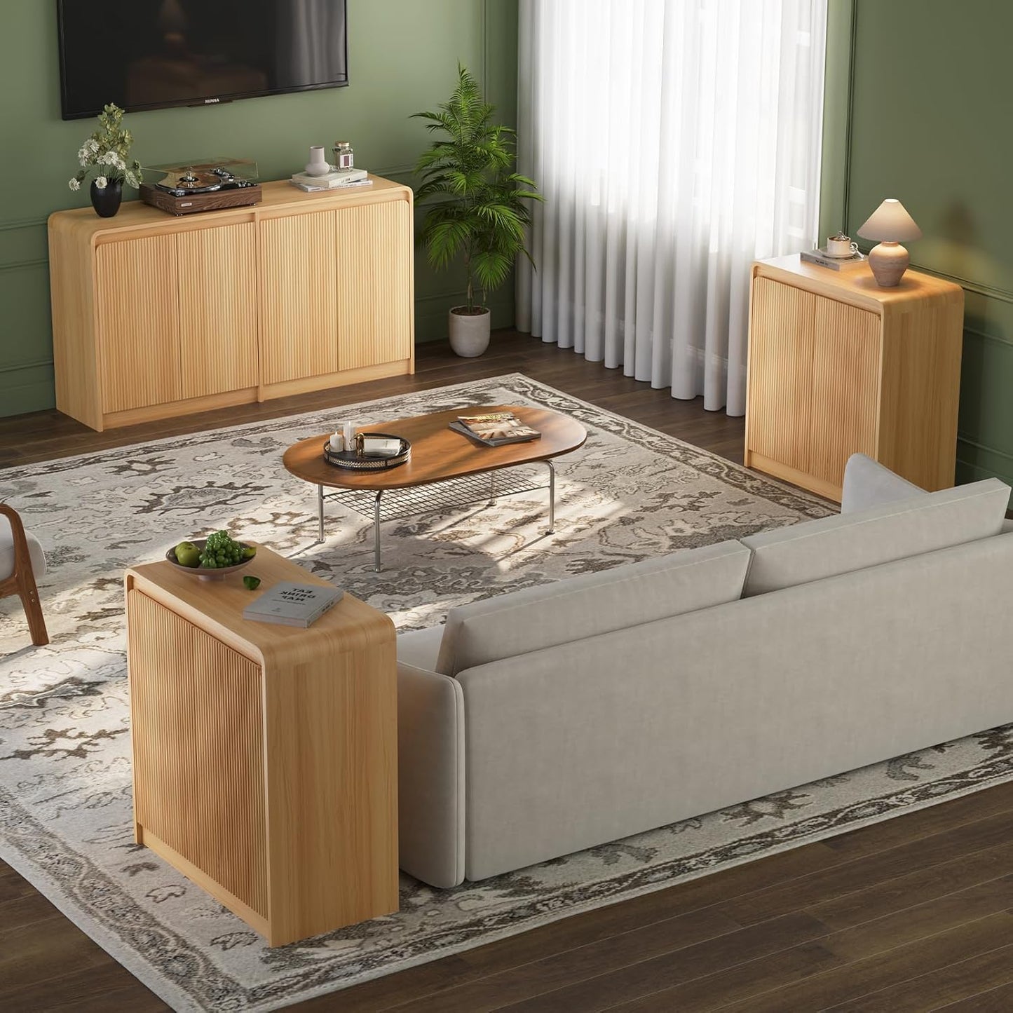 FURSUN 61" Modern Fluted Sideboard Buffet Cabinet with Storage, Curved Design Wood Coffee Bar Cabinet with 4 Doors & Adjustable Shelves for Kitchen, Dining Room, or Living Room, Natural Oak