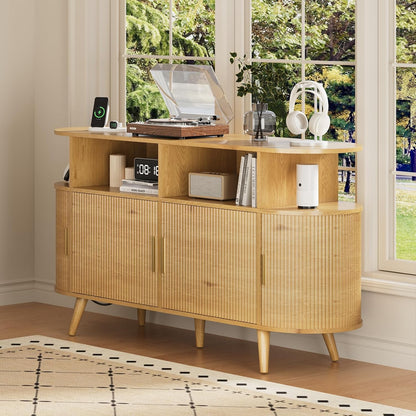 FURSUN 55" Large Round Record Player Stand, Record Storage Cabinet Holds Up 300 Albums with Charging Station & USB Ports, Fluted Modern Turntable Stand for Bedroom, Living Room, Natural Oak