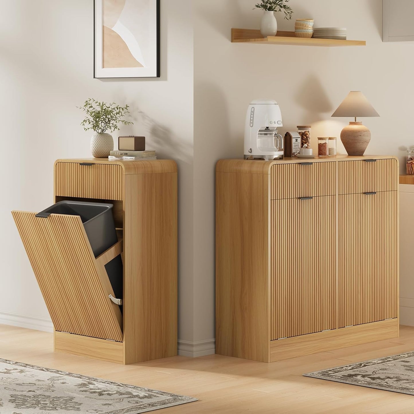 FURSUN 20 Gallons Tilt-Out Trash Can Cabinet, Fluted Laundry Hamper Cabinet with Drawers, Freestanding Pet Proof Hidden Garbage Recycling Cabinet for Kitchen, Living Room, Natural Oak