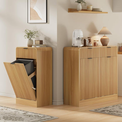 FURSUN 20 Gallons Tilt-Out Trash Can Cabinet, Fluted Laundry Hamper Cabinet with Drawers, Freestanding Pet Proof Hidden Garbage Recycling Cabinet for Kitchen, Living Room, Natural Oak