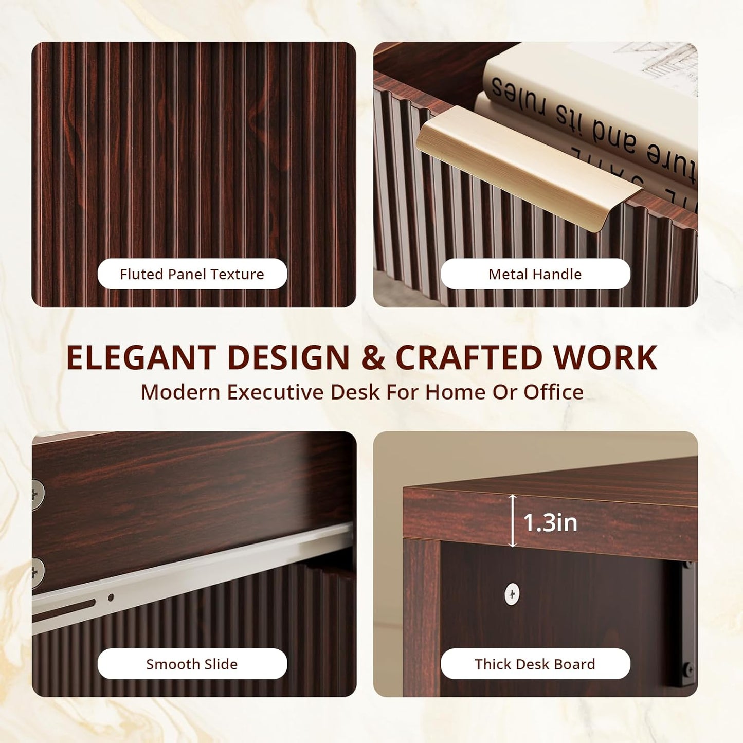 FURSUN 58" Modern Executive Desk with Storage, Home Office Desk with Drawer & Cabinet, Wooden Fluted Desk for Study, Living Room, Bedroom (Dark Walnut)