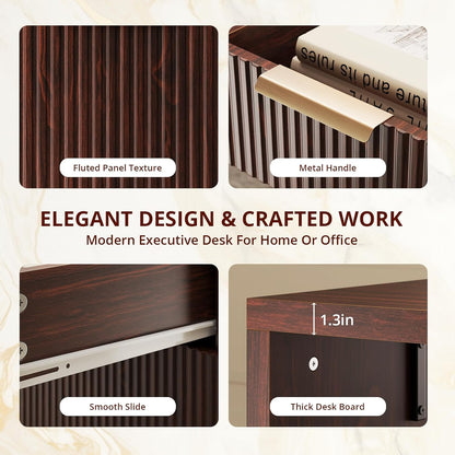 FURSUN 58" Modern Executive Desk with Storage, Home Office Desk with Drawer & Cabinet, Wooden Fluted Desk for Study, Living Room, Bedroom (Dark Walnut)